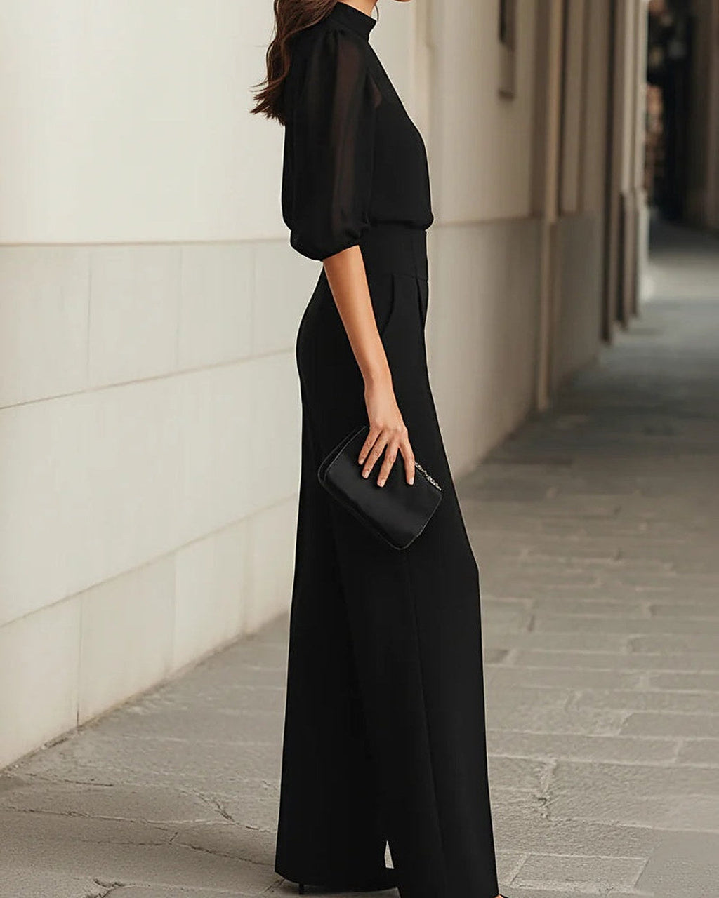CONJUNTO ESTELA NEGRO CON BLUSA TRANSPARENTE Y PANTALÓN ANCHO