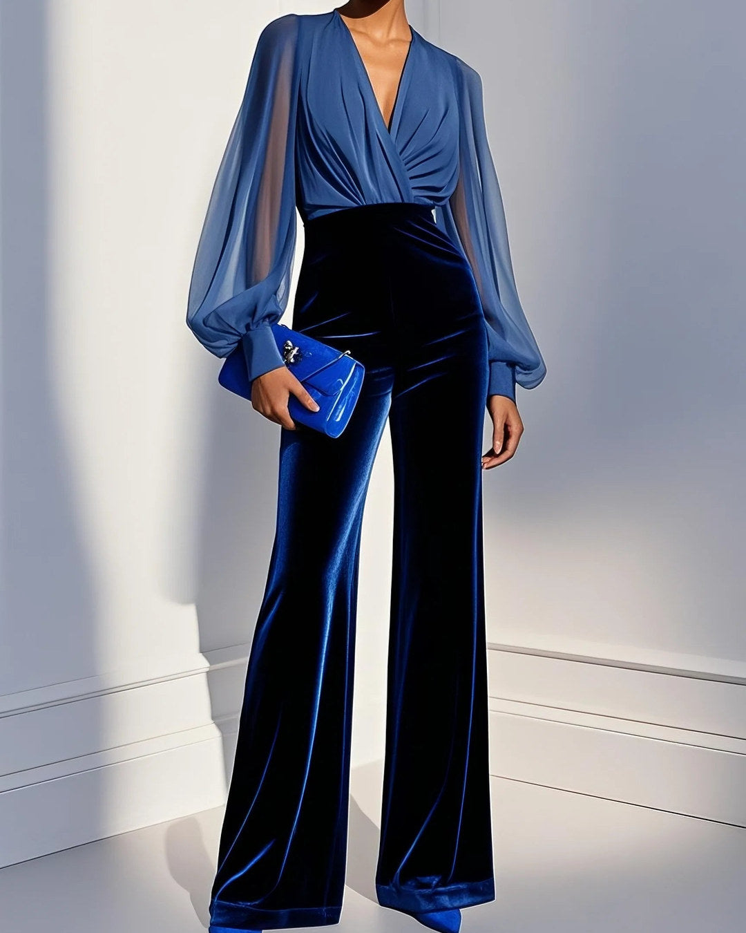 MONO MAGDA AZUL CON ESCOTE EN V Y PANTALÓN DE TERCIOPELO