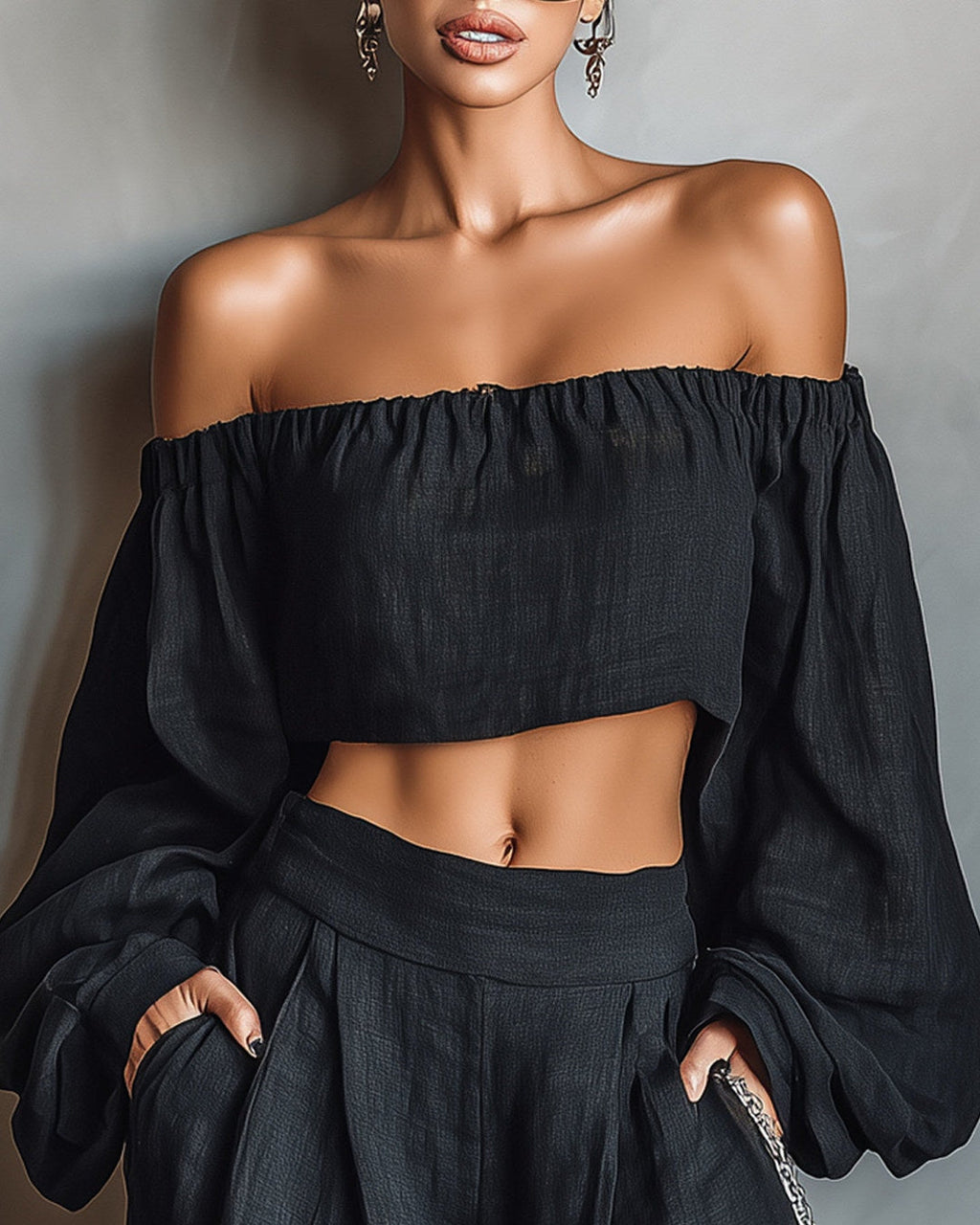 CONJUNTO TERESA NEGRO CON TOP DE HOMBROS DESCUBIERTOS