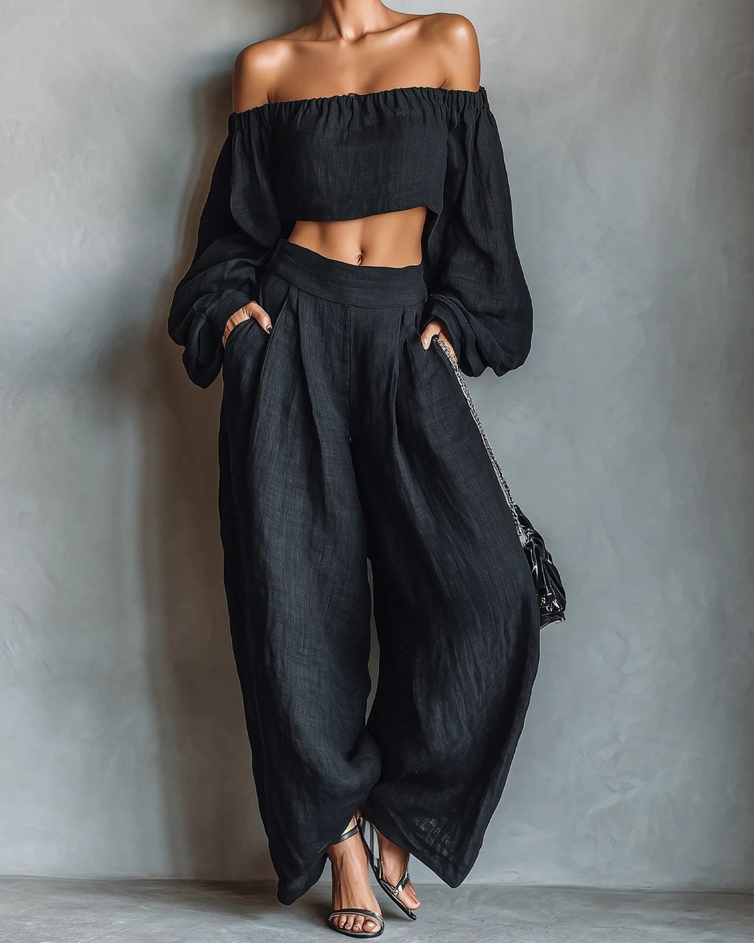 CONJUNTO TERESA NEGRO CON TOP DE HOMBROS DESCUBIERTOS