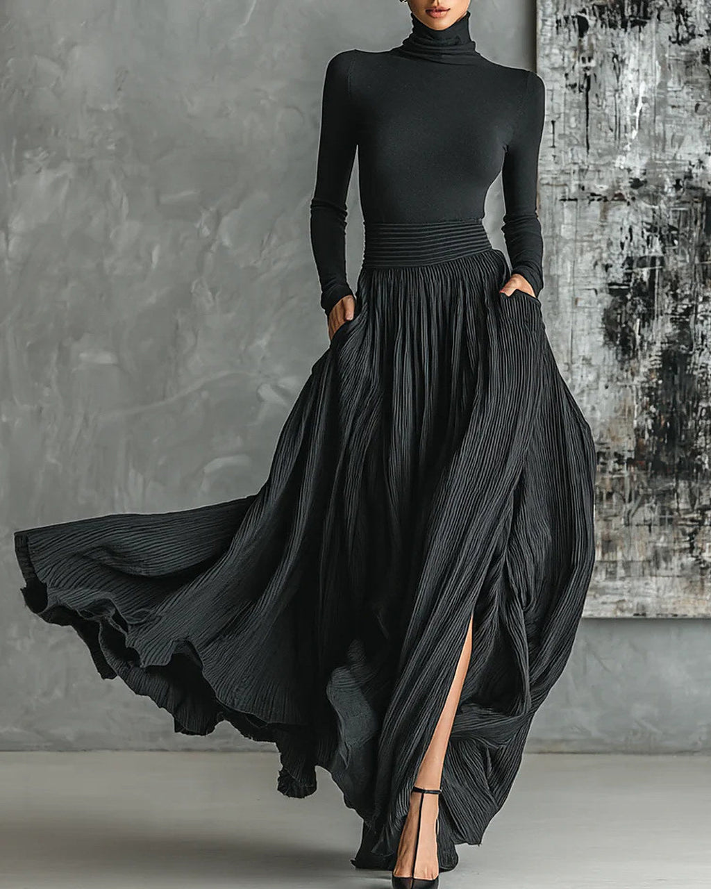 CONJUNTO PILAR ELEGANTE DE TOP DE CUELLO ALTO Y FALDA PLISADA